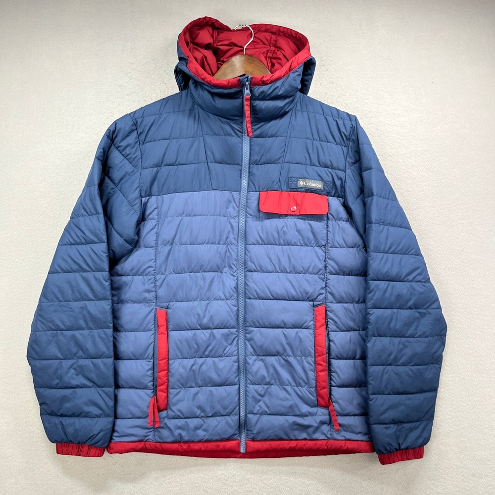 Columbia Puffer Jacket Mens M Blue Red Hooded Quilted Colorblock Winter Coat